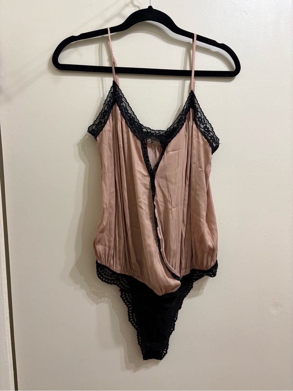 Free People Blush Pink and Black Lace-Trim Satin Bodysuit